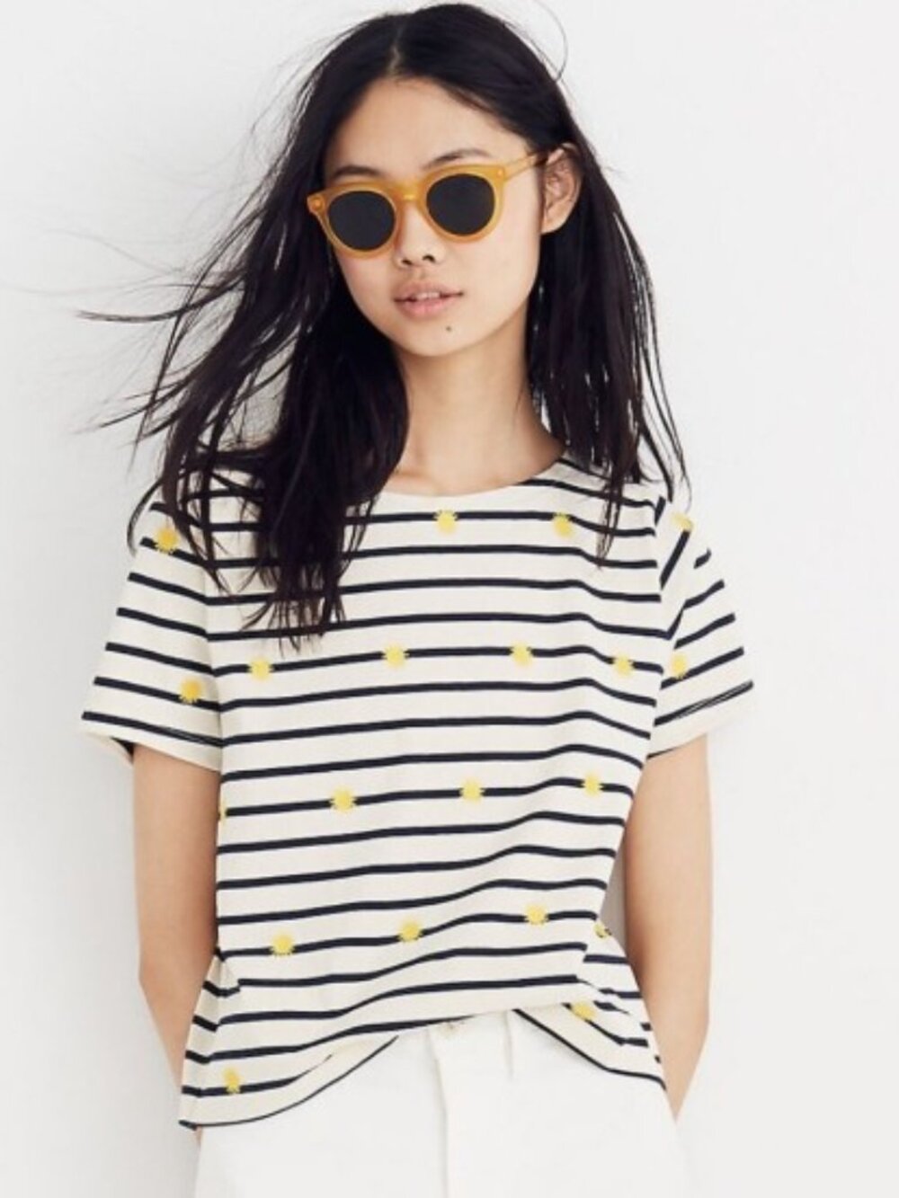 Madewell Striped Cropped Boxy Top with Sun Embroidery Size S